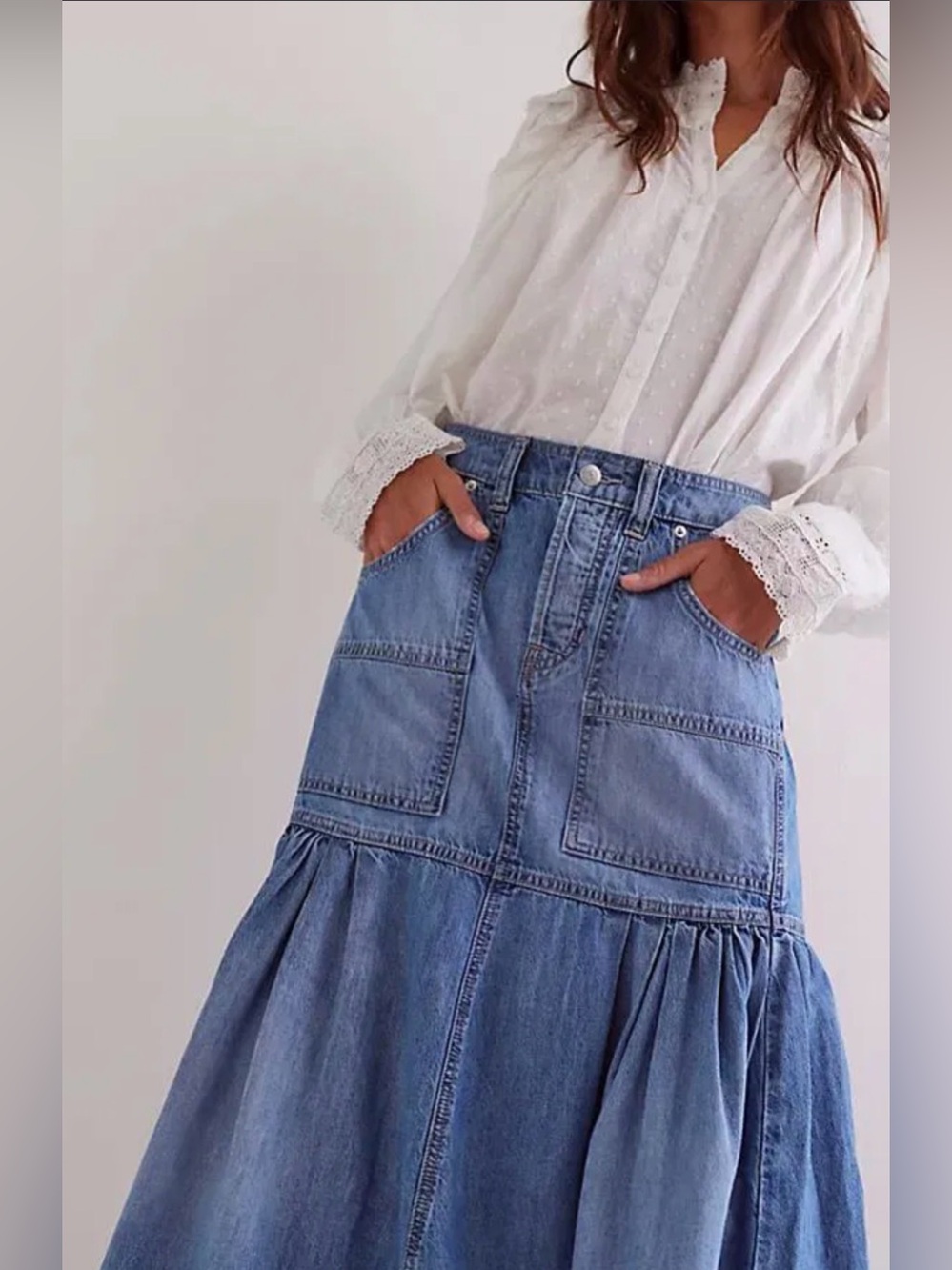 FREE PEOPLE We The Free Light Blue Denim Midi Skirt
